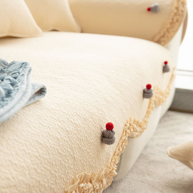 Light Colour Cotton Lace Trim Sofa Cover with Knitted Hat
