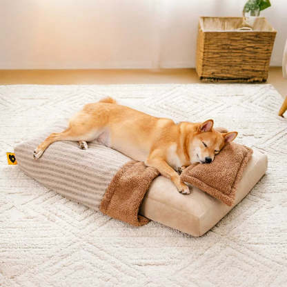 Plush Striped Cave Covered Orthopaedic Dog Bed With Pillow - FluffyWarm