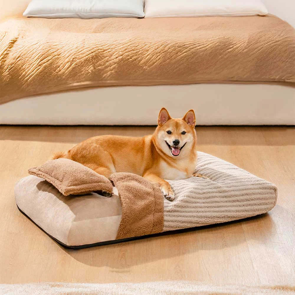 Plush Striped Cave Covered Orthopaedic Dog Bed With Pillow - FluffyWarm