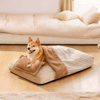 Plush Striped Cave Covered Orthopaedic Dog Bed With Pillow - FluffyWarm