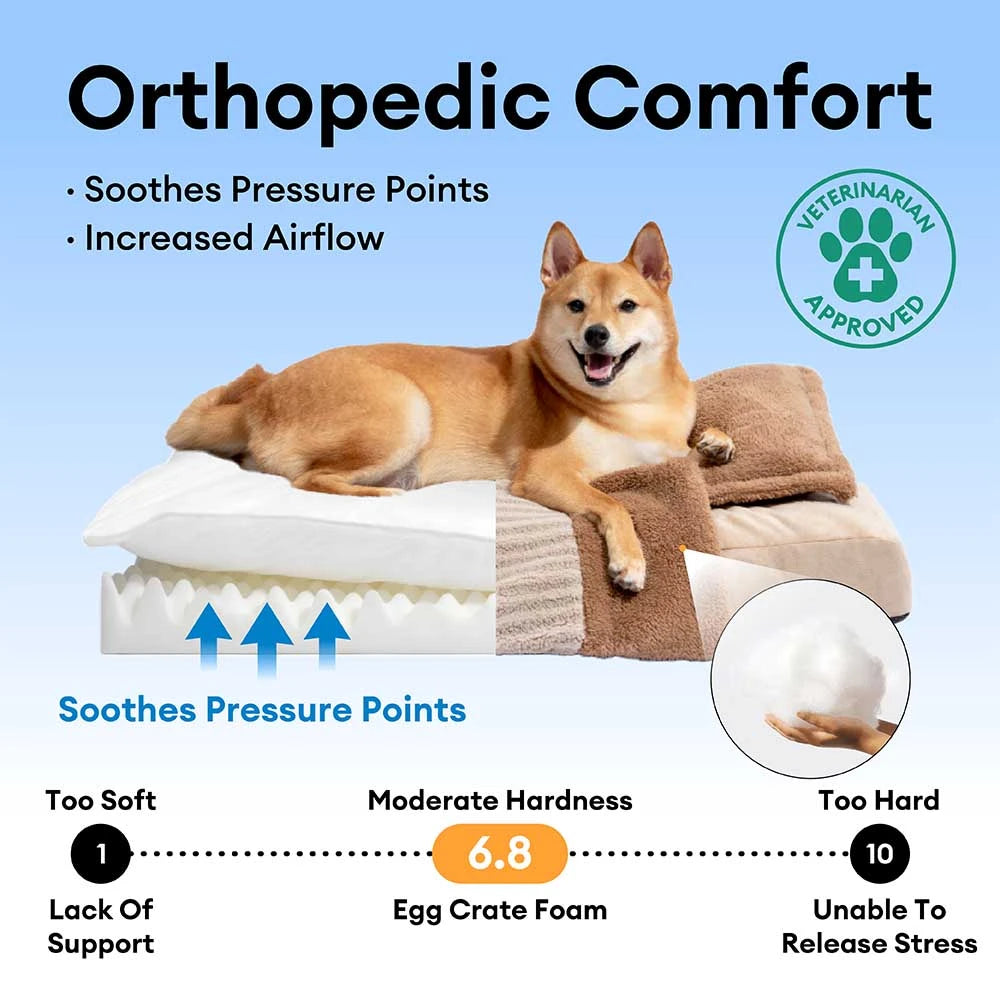 Plush Striped Cave Covered Orthopaedic Dog Bed With Pillow - FluffyWarm