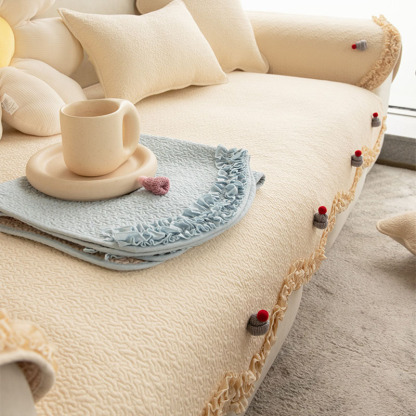 Light Colour Cotton Lace Trim Sofa Cover with Knitted Hat