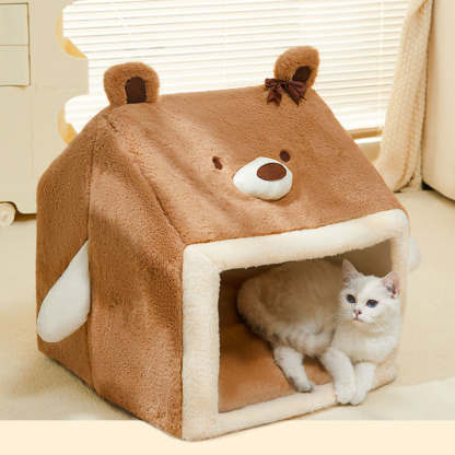 Bear Cat House Windproof Warm Plush Dog Bed