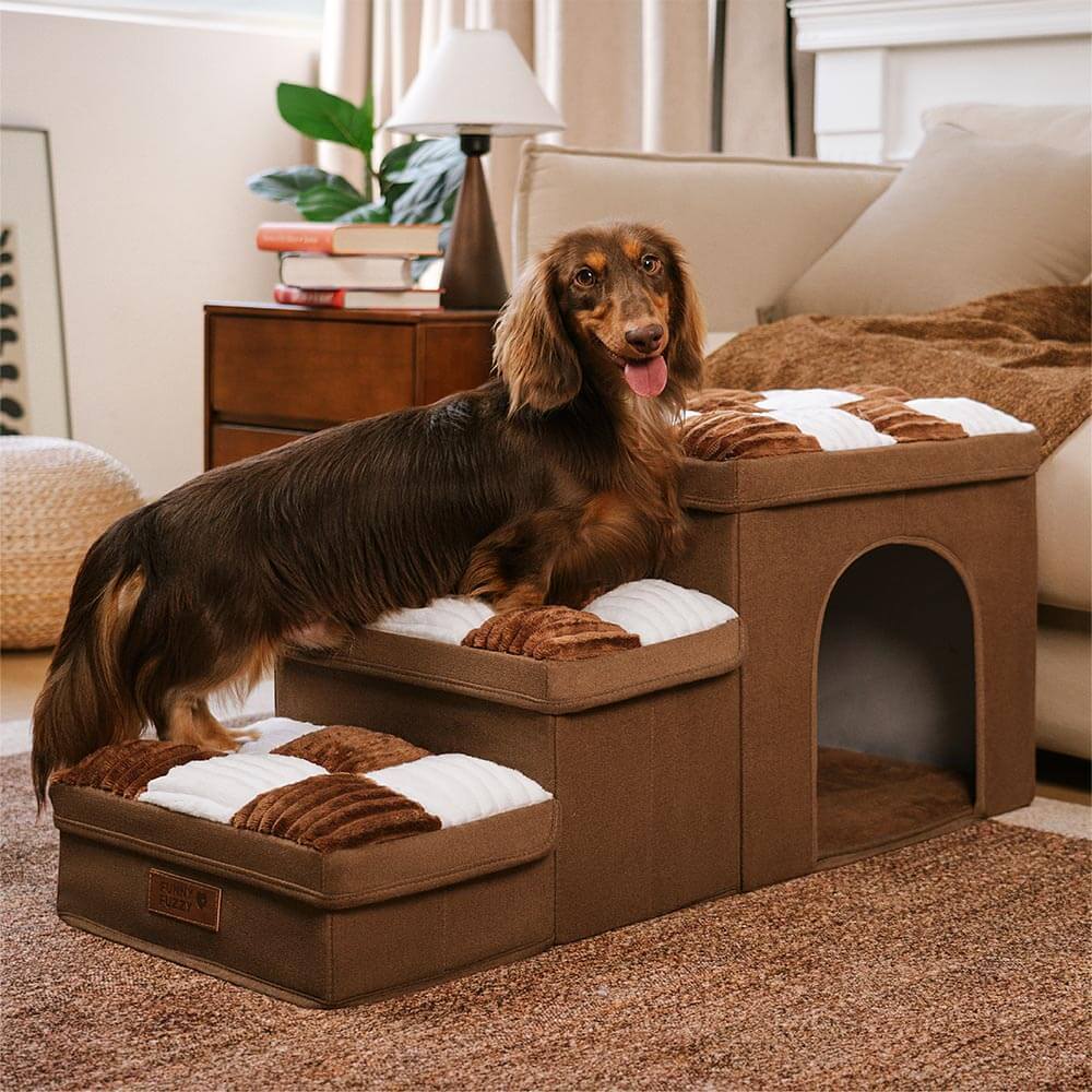 Chessboard Handcrafted Dog Stairs With Storage And Condo - Napsteps - FunnyFuzzy