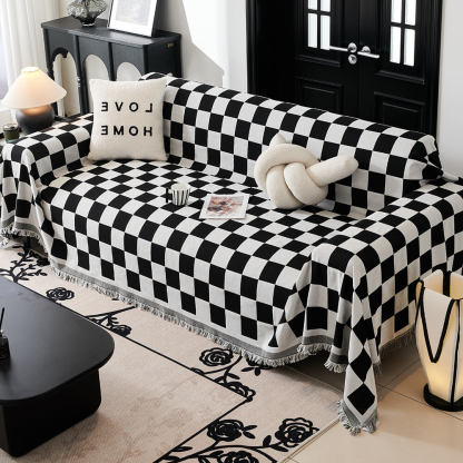 Colour Block Chequerboard Fringe Trim Sofa Blanket Sofa Cover