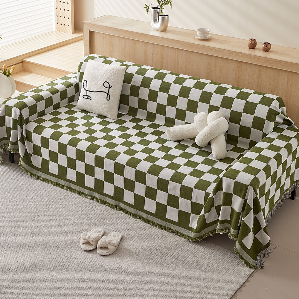 Colour Block Chequerboard Fringe Trim Sofa Blanket Sofa Cover