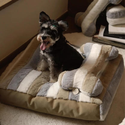 Deluxe Striped Plush Calming Bed Dog Bed with Pillow