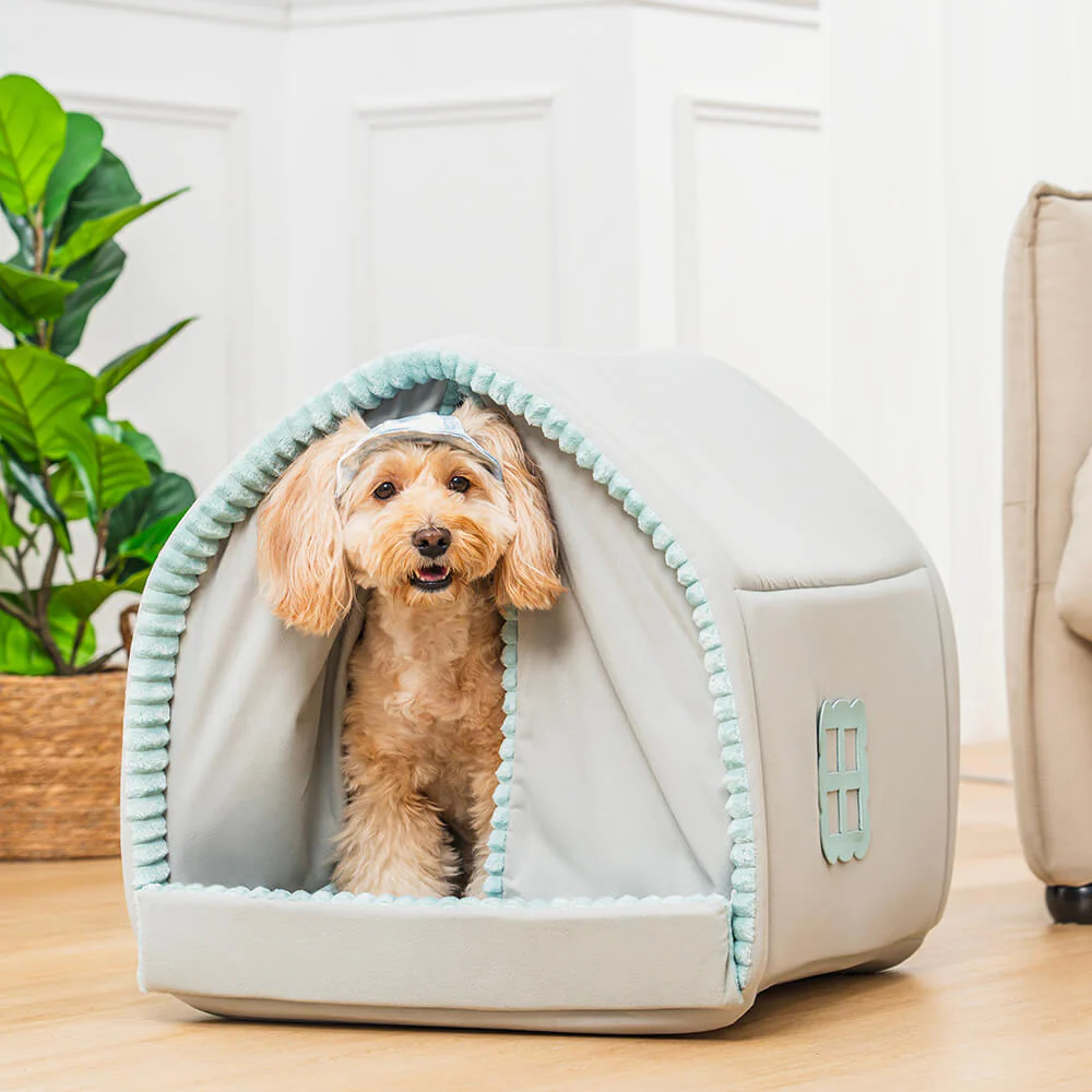 Double Curtain Pet House Enclosed Dog Bed