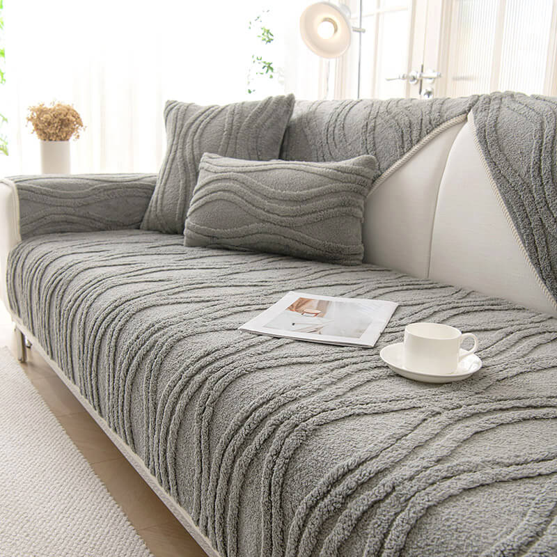 Elegant Grey Textured Non-Slip Thick Plush Sofa Cover