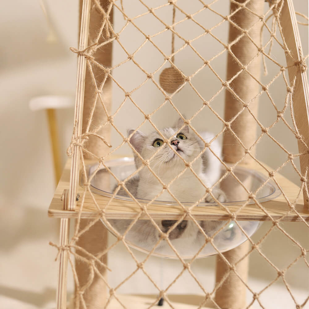 Solid Wood Cat Scratching Post with Space Capsule and Climbing Net