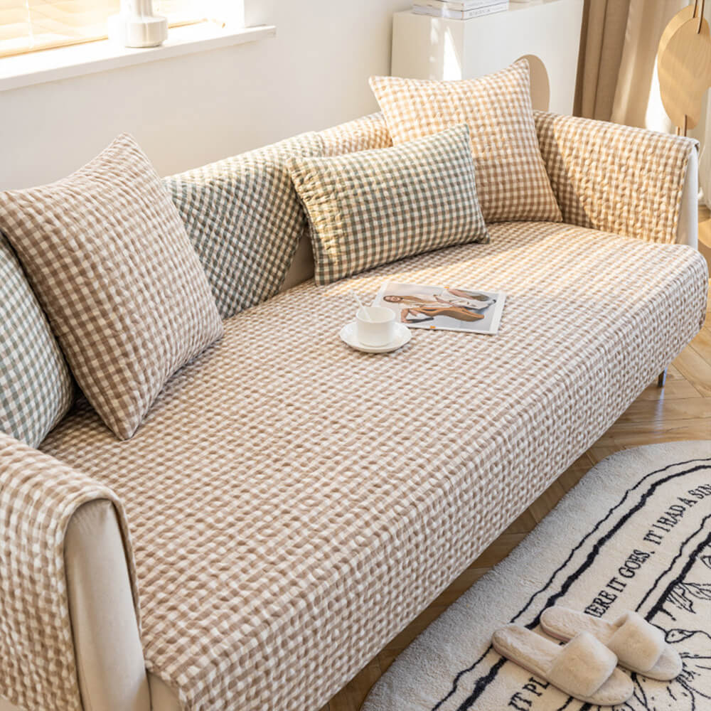 Retro Plaid Washed Cotton Wear-Resistant Non-Pilling Sofa Cover