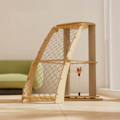 Solid Wood Cat Scratching Post with Space Capsule and Climbing Net