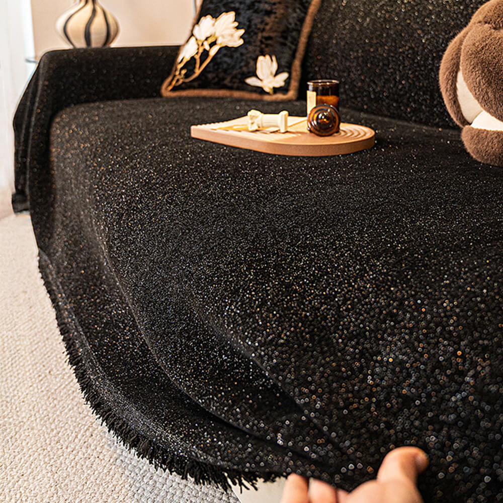 Chenille Starry Glitter Design with Fringe Trim Throw Sofa Cover