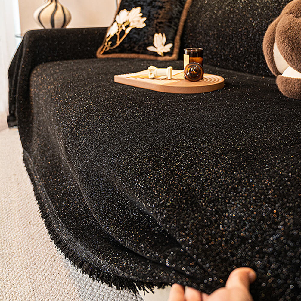 Chenille Starry Glitter Design with Fringe Trim Throw Sofa Cover