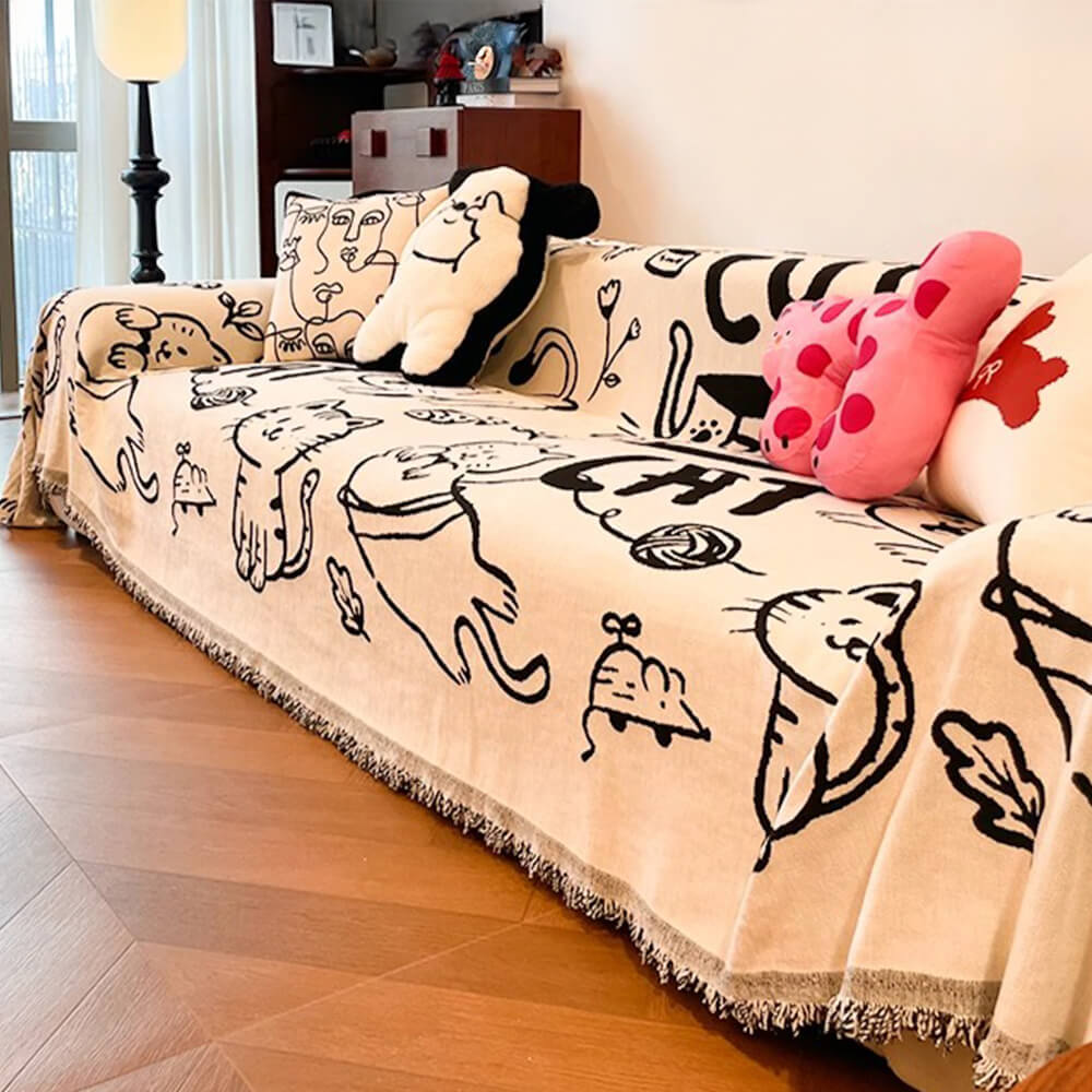 Cute Hand-Drawn Cat Pattern Reversible Chenille Throw Sofa Cover