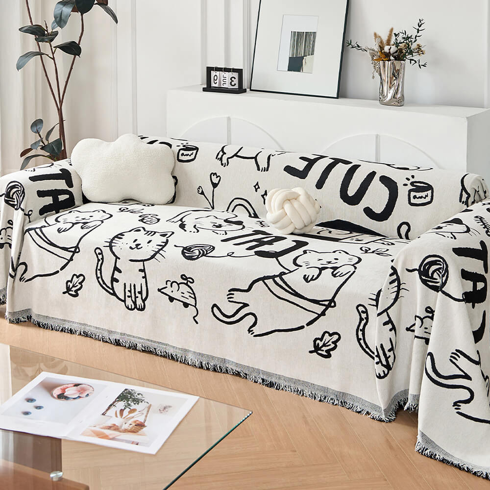 Cute Hand-Drawn Cat Pattern Reversible Chenille Throw Sofa Cover