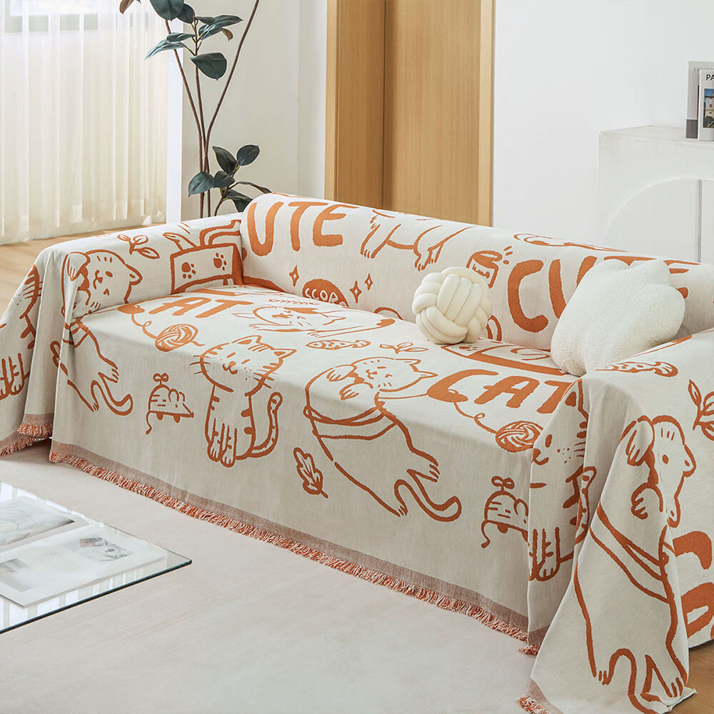 Cute Hand-Drawn Cat Pattern Reversible Chenille Throw Sofa Cover