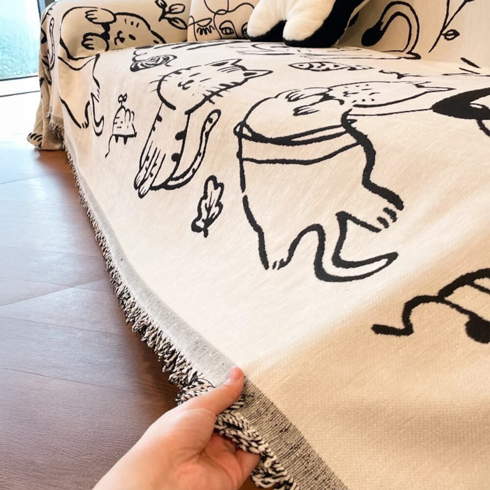 Cute Hand-Drawn Cat Pattern Reversible Chenille Throw Sofa Cover