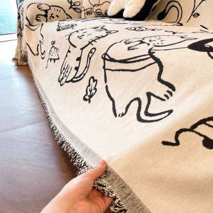Cute Hand-Drawn Cat Pattern Reversible Chenille Throw Sofa Cover