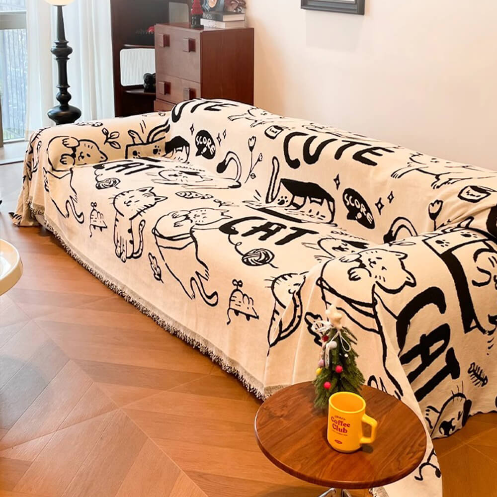 Cute Hand-Drawn Cat Pattern Reversible Chenille Throw Sofa Cover