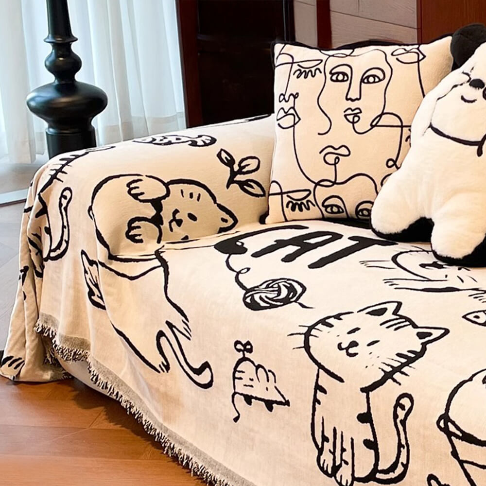 Cute Hand-Drawn Cat Pattern Reversible Chenille Throw Sofa Cover
