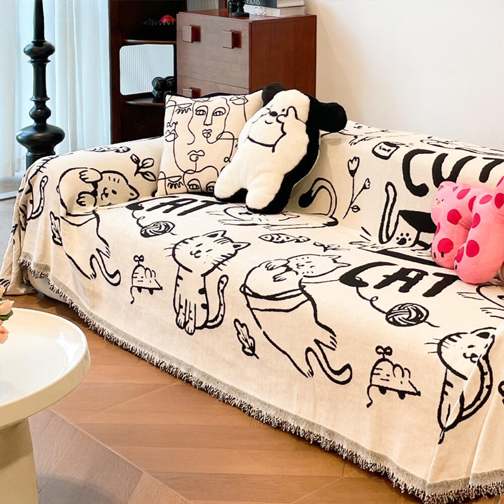 Cute Hand-Drawn Cat Pattern Reversible Chenille Throw Sofa Cover
