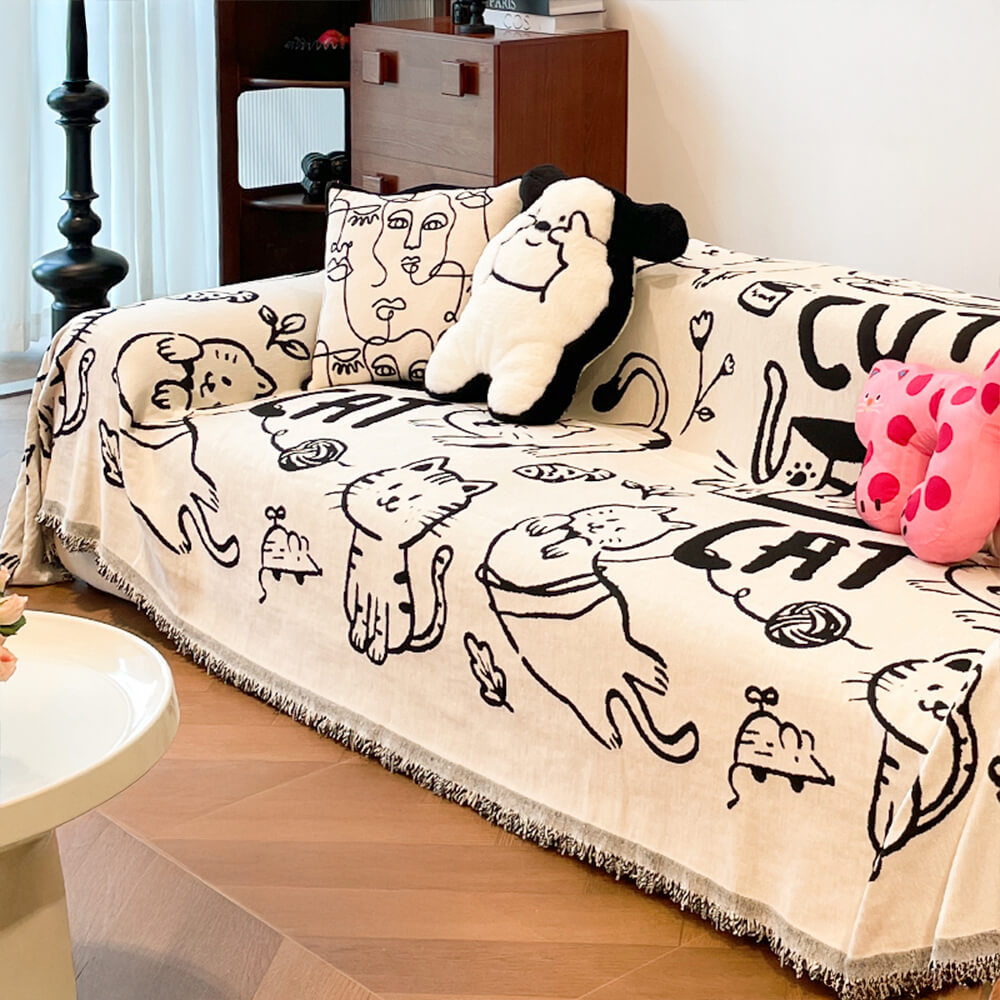 Cute Hand-Drawn Cat Pattern Reversible Chenille Throw Sofa Cover
