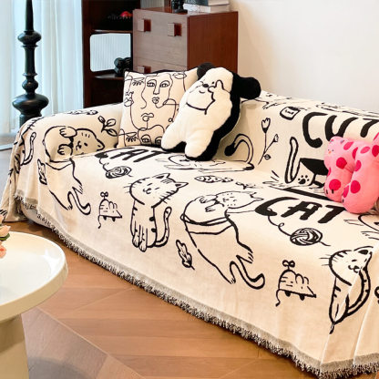 Cute Hand-Drawn Cat Pattern Reversible Chenille Throw Sofa Cover