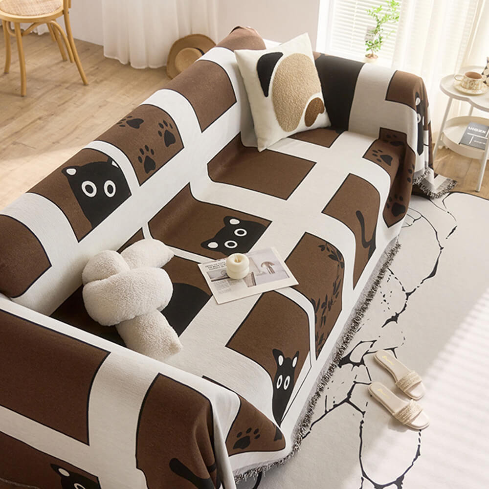 Cute Hand-Drawn Cat Pattern Reversible Chenille Throw Sofa Cover