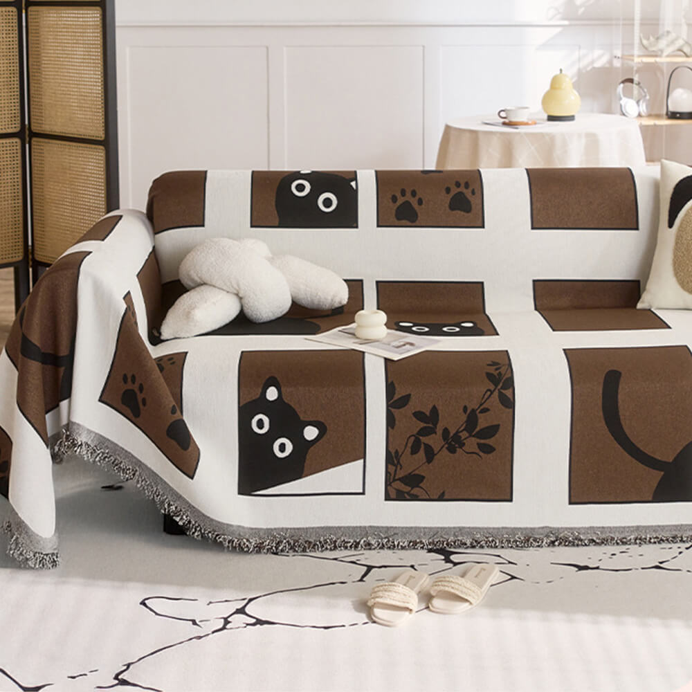 Cute Hand-Drawn Cat Pattern Reversible Chenille Throw Sofa Cover