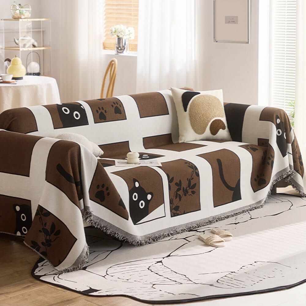 Cute Hand-Drawn Cat Pattern Reversible Chenille Throw Sofa Cover