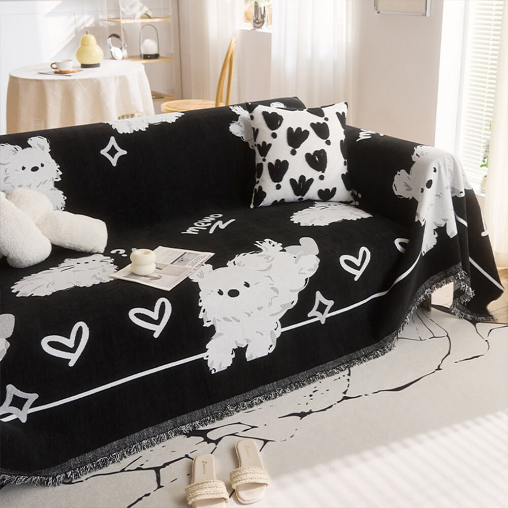 Cute Hand-Drawn Cat Pattern Reversible Chenille Throw Sofa Cover