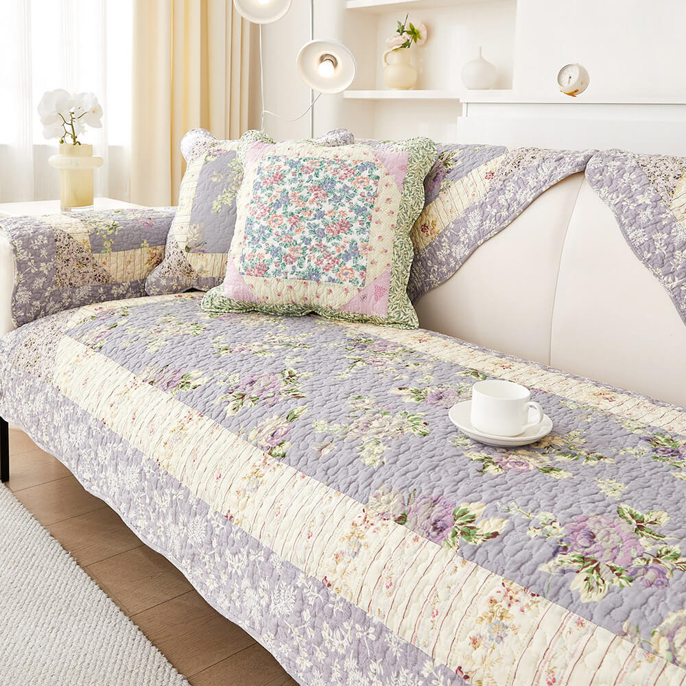 Rustic Floral Patchwork Cotton Quilted Anti-Scratch Sofa Cover