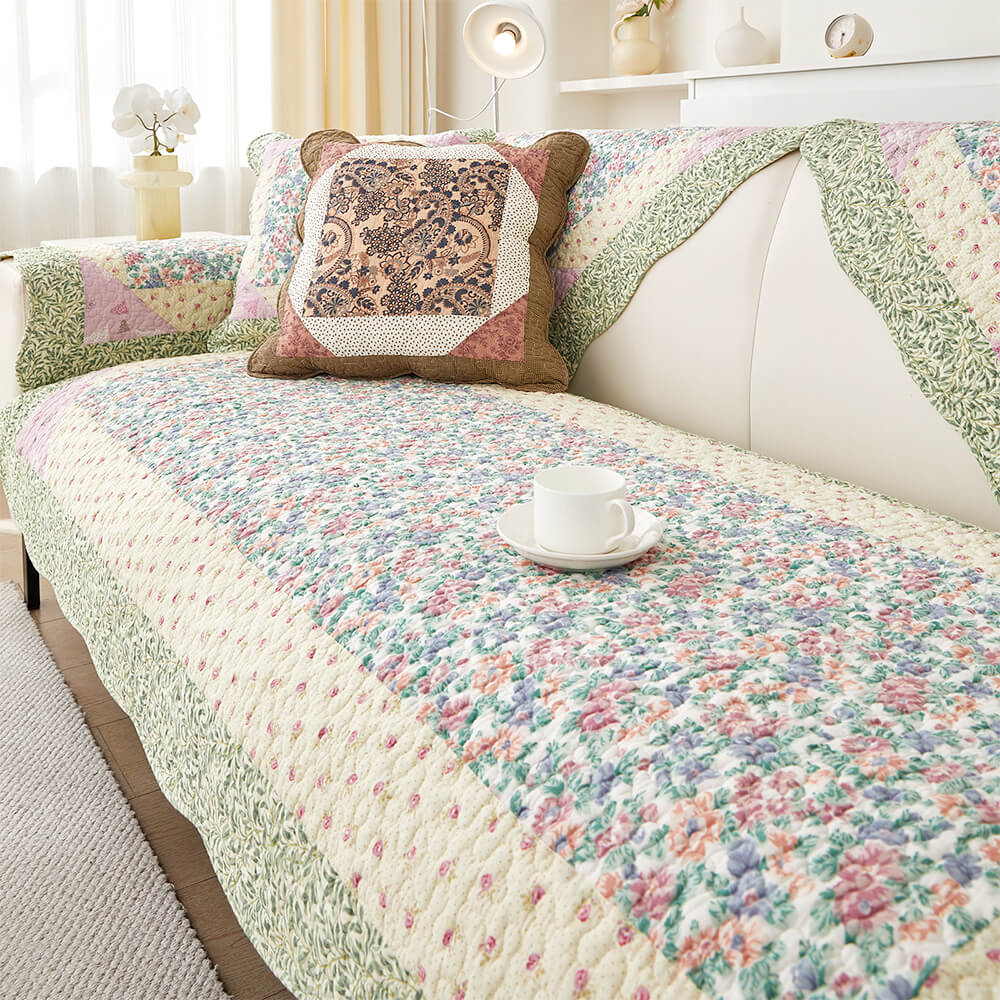 Rustic Floral Patchwork Cotton Quilted Anti-Scratch Sofa Cover