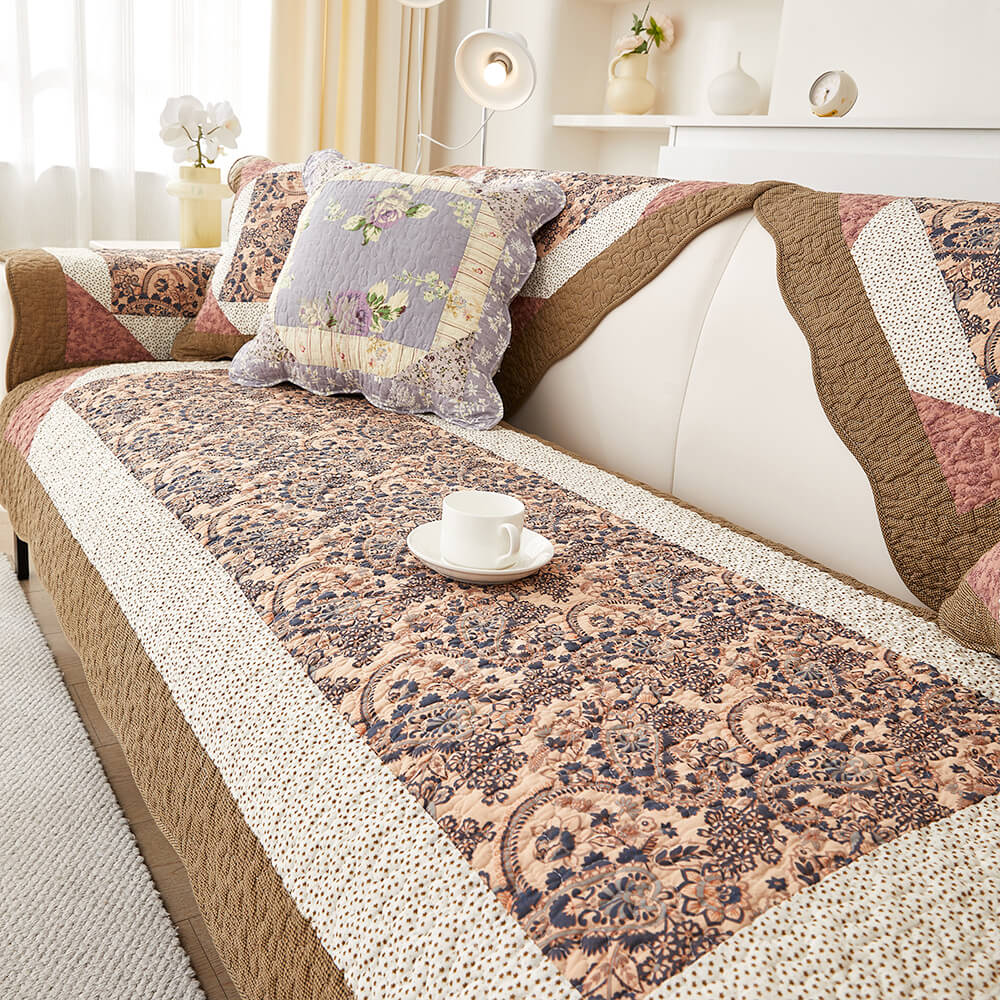 Rustic Floral Patchwork Cotton Quilted Anti-Scratch Sofa Cover