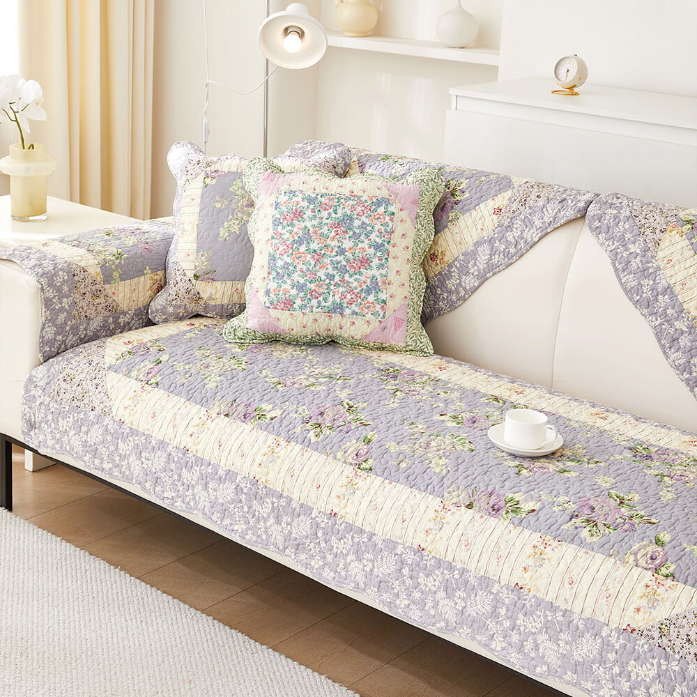 Rustic Floral Patchwork Cotton Quilted Anti-Scratch Sofa Cover