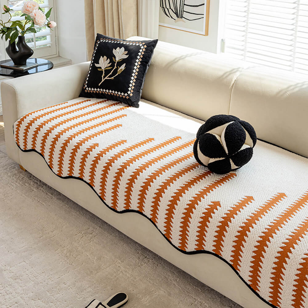 Modern Chevron Stripes Chenille Sofa Cover with Wavy Edges