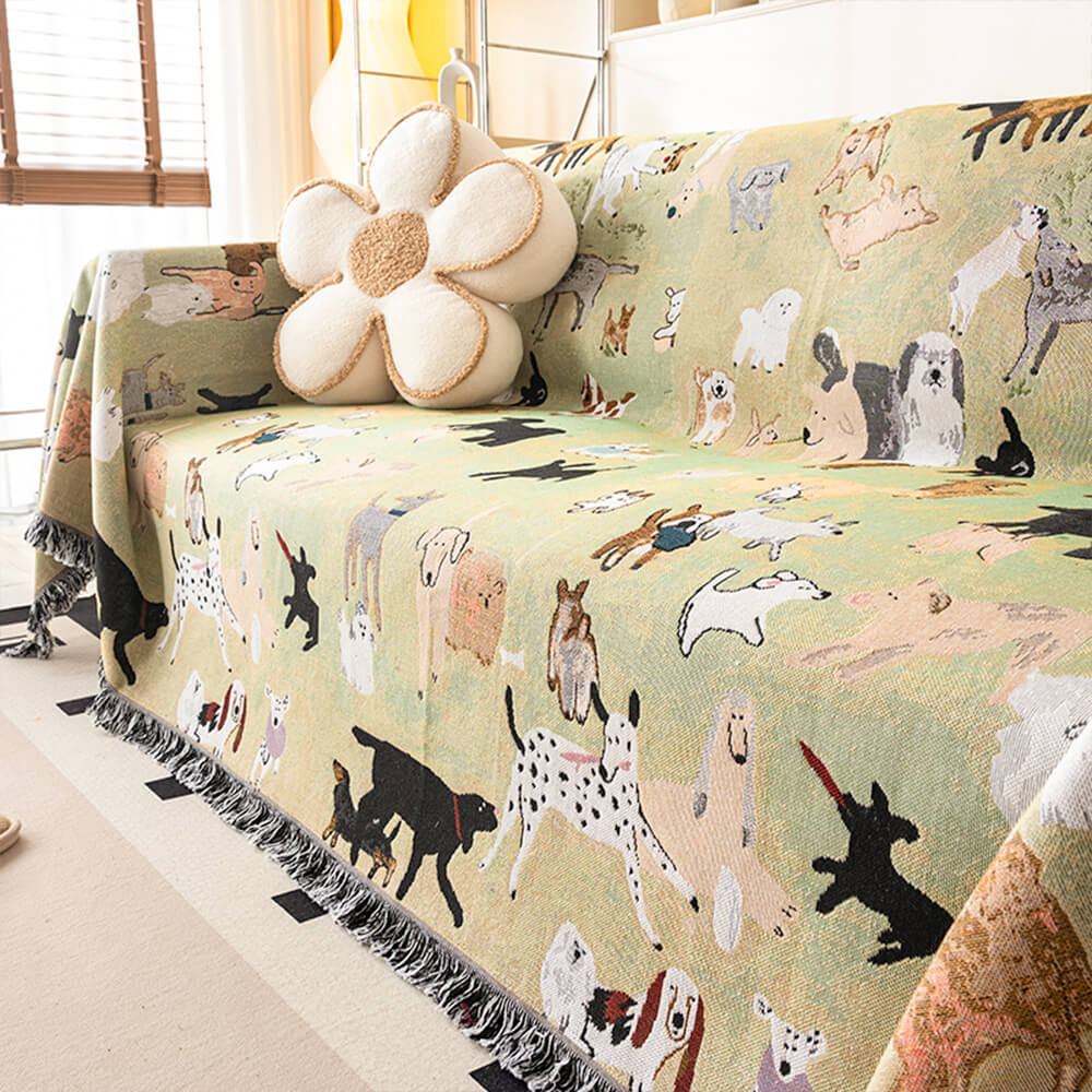 Dog Park Themed Anti-Scratch Tassel Edge Throw Sofa Cover