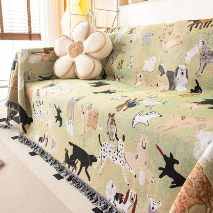 Dog Park Themed Anti-Scratch Tassel Edge Throw Sofa Cover