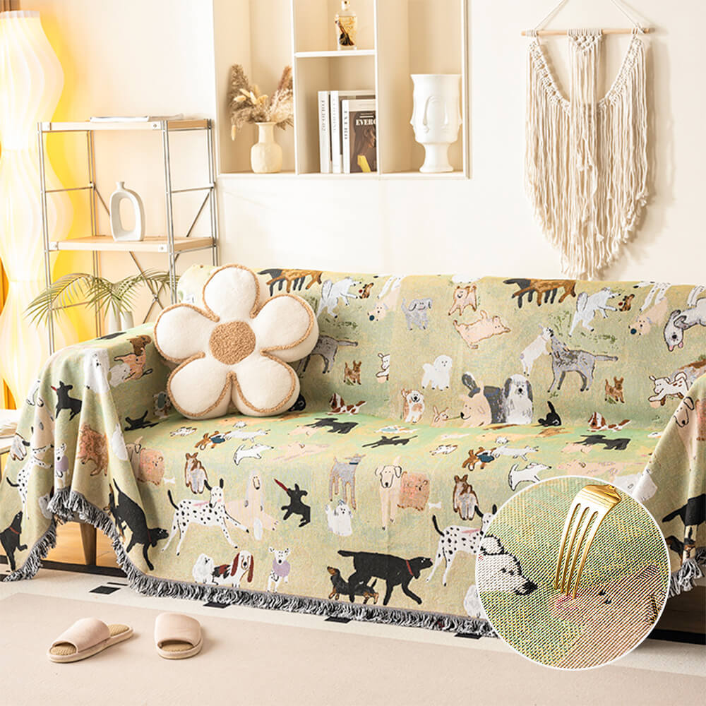 Dog Park Themed Anti-Scratch Tassel Edge Throw Sofa Cover