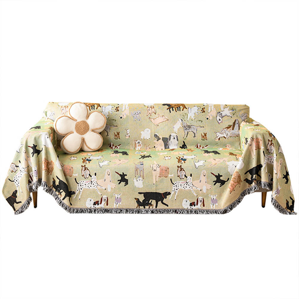 Dog Park Themed Anti-Scratch Tassel Edge Throw Sofa Cover