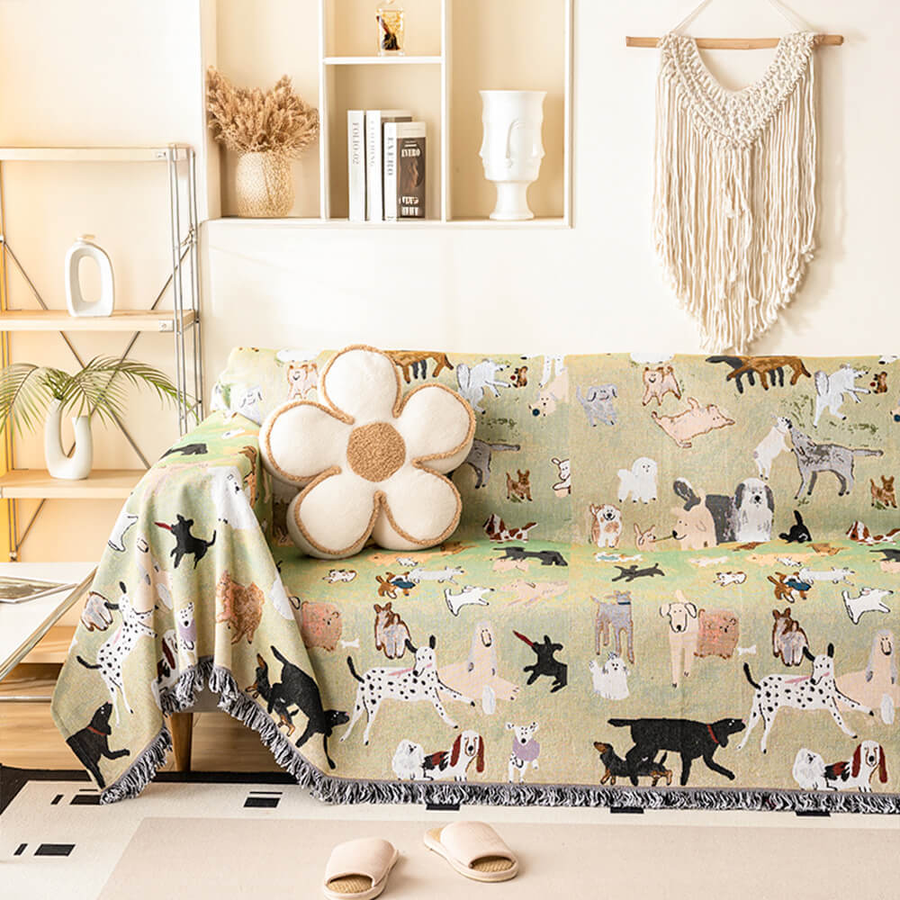 Dog Park Themed Anti-Scratch Tassel Edge Throw Sofa Cover