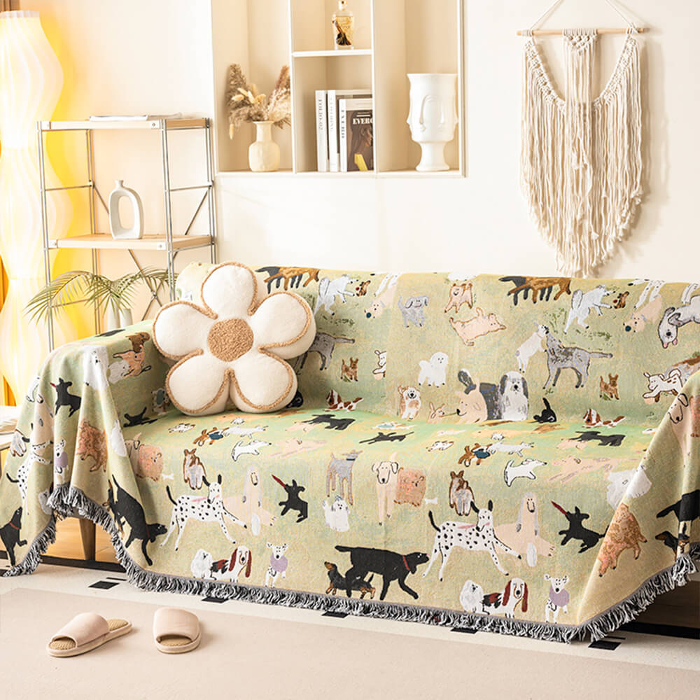 Dog Park Themed Anti-Scratch Tassel Edge Throw Sofa Cover