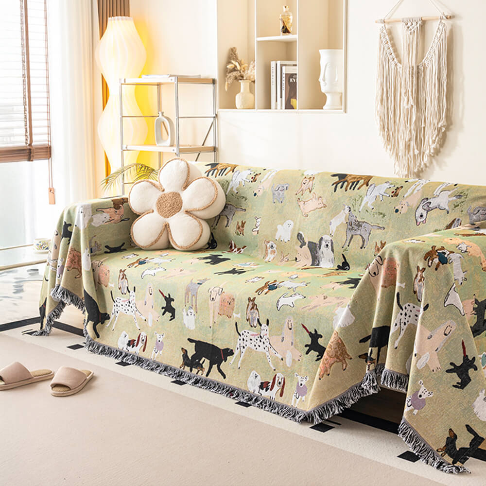 Dog Park Themed Anti-Scratch Tassel Edge Throw Sofa Cover