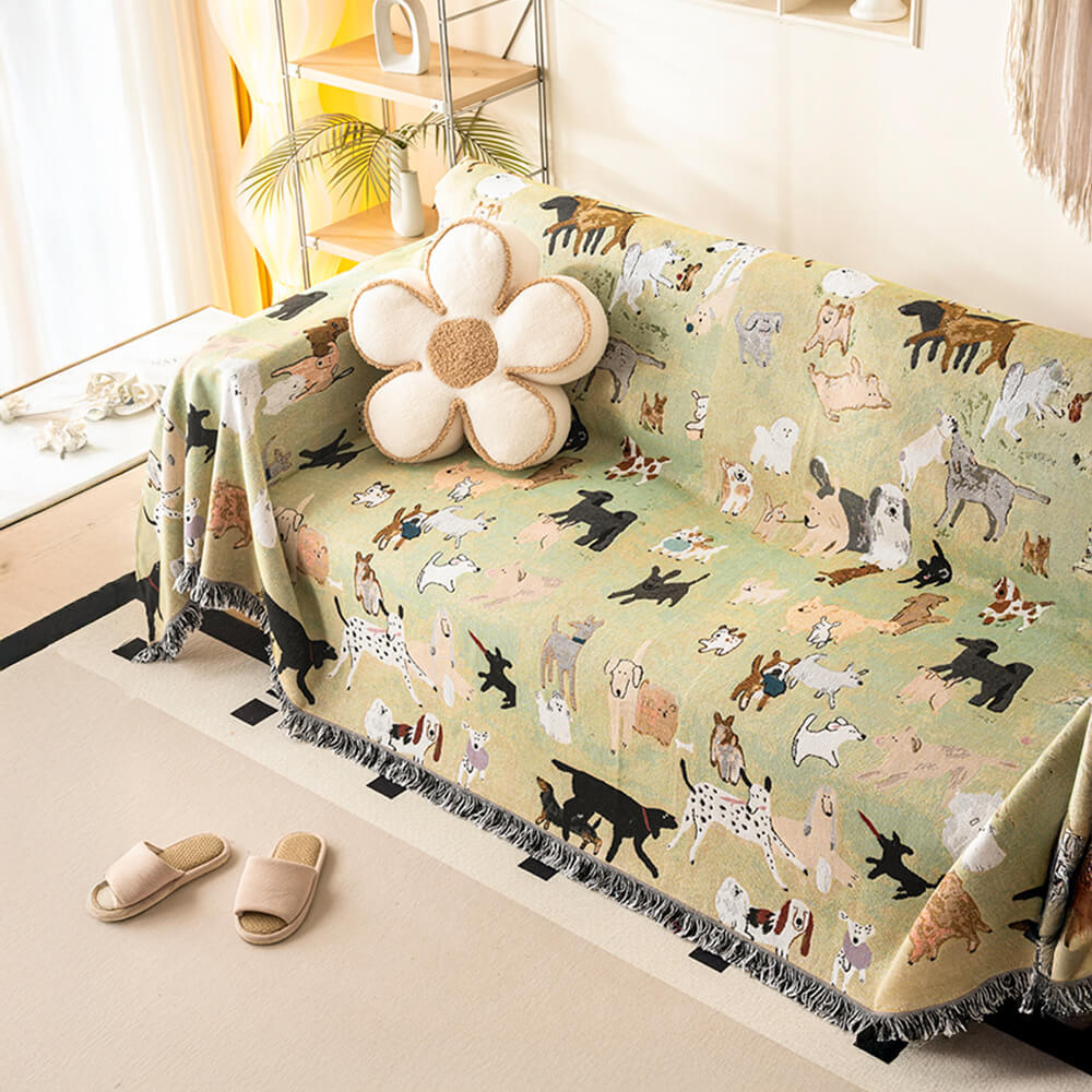 Dog Park Themed Anti-Scratch Tassel Edge Throw Sofa Cover
