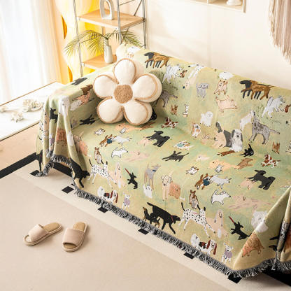 Dog Park Themed Anti-Scratch Tassel Edge Throw Sofa Cover