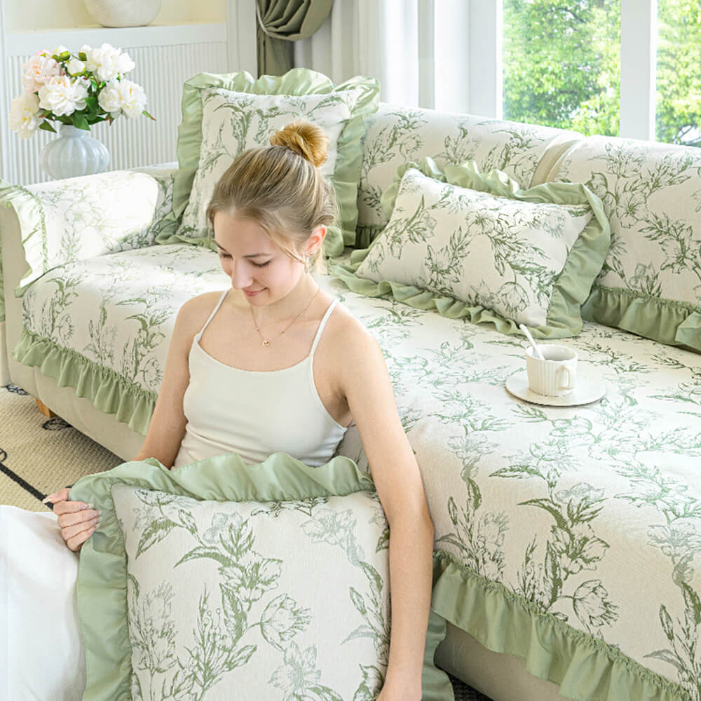 Chenille Floral Ruffle Design Anti-Slip Sofa Cover