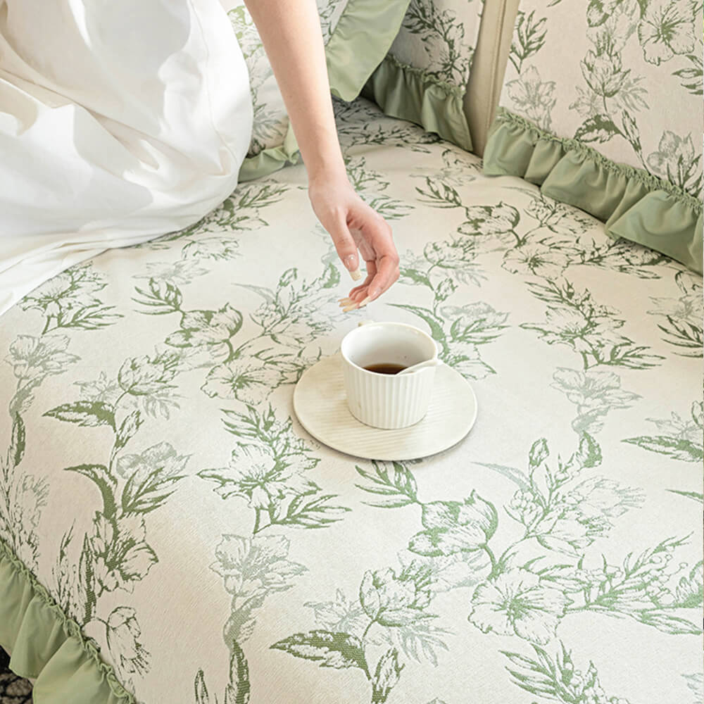 Chenille Floral Ruffle Design Anti-Slip Sofa Cover