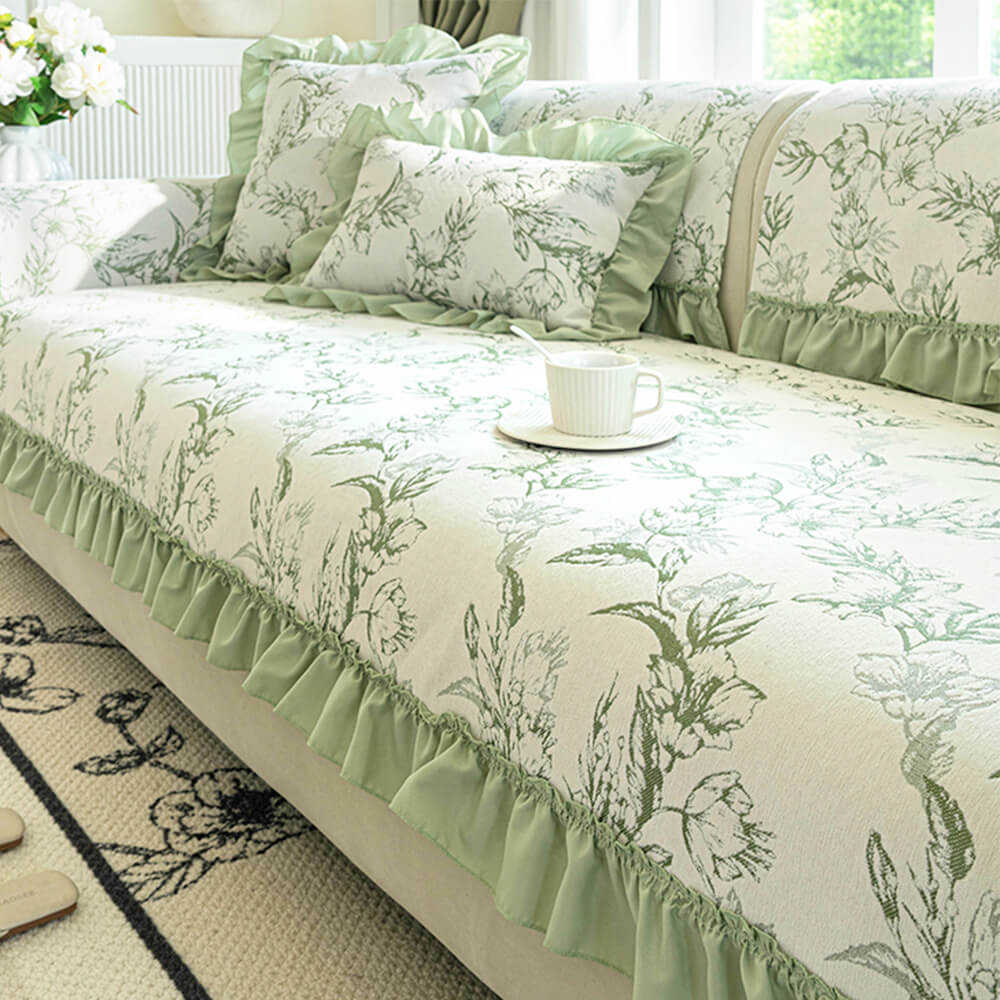 Chenille Floral Ruffle Design Anti-Slip Sofa Cover