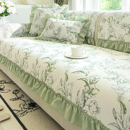 Chenille Floral Ruffle Design Anti-Slip Sofa Cover